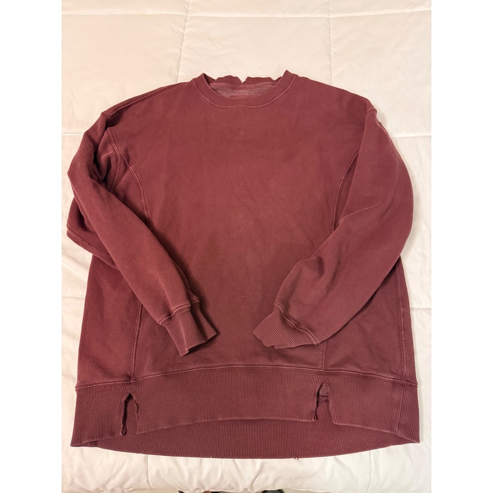 Aerie Burgundy Distressed Crewneck Sweatshirt XXS Oversized French Terry Maroon